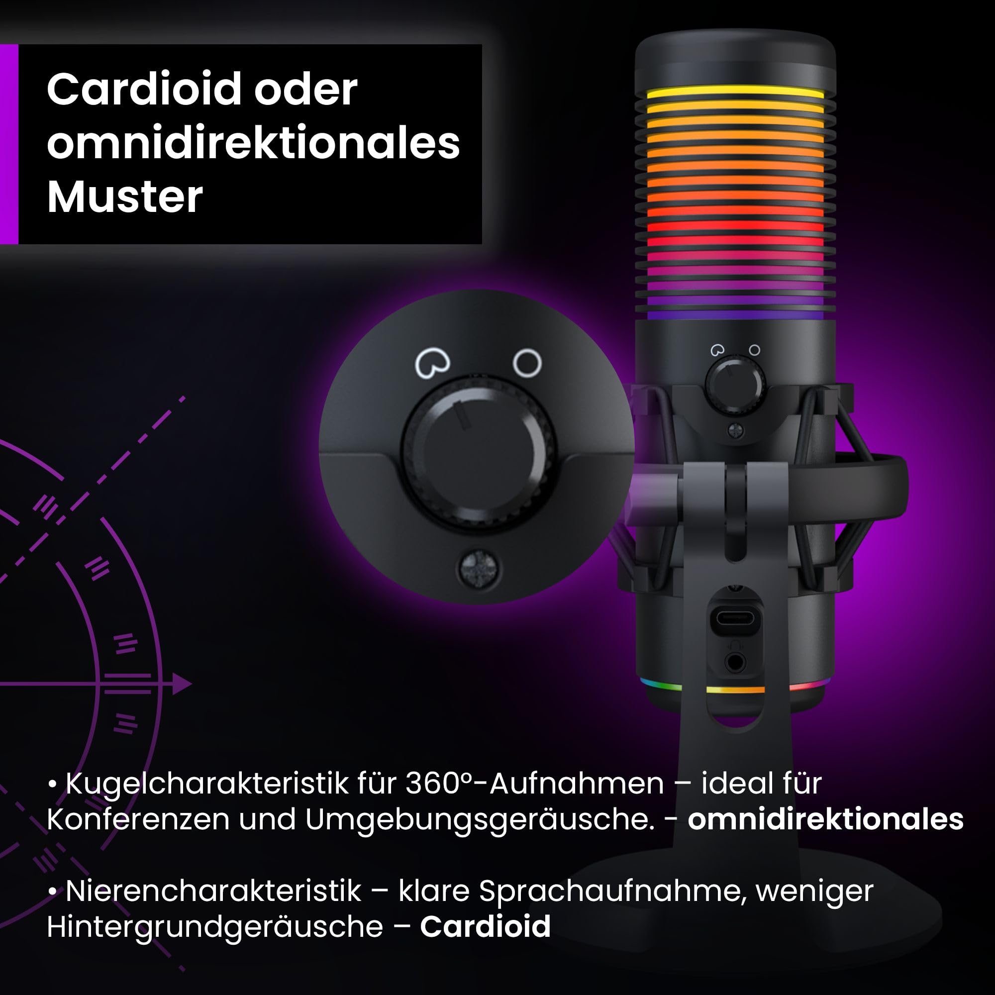 PREYON Gaming Mikrofon PC mit Arm USB Microphone - Podcast Streaming Studio Laptop Stand Mic Zubehör Tischmikrofon RGB Kondensator Stummschaltung Standmikrofon Cardioid Omnidirektional – Schwarz