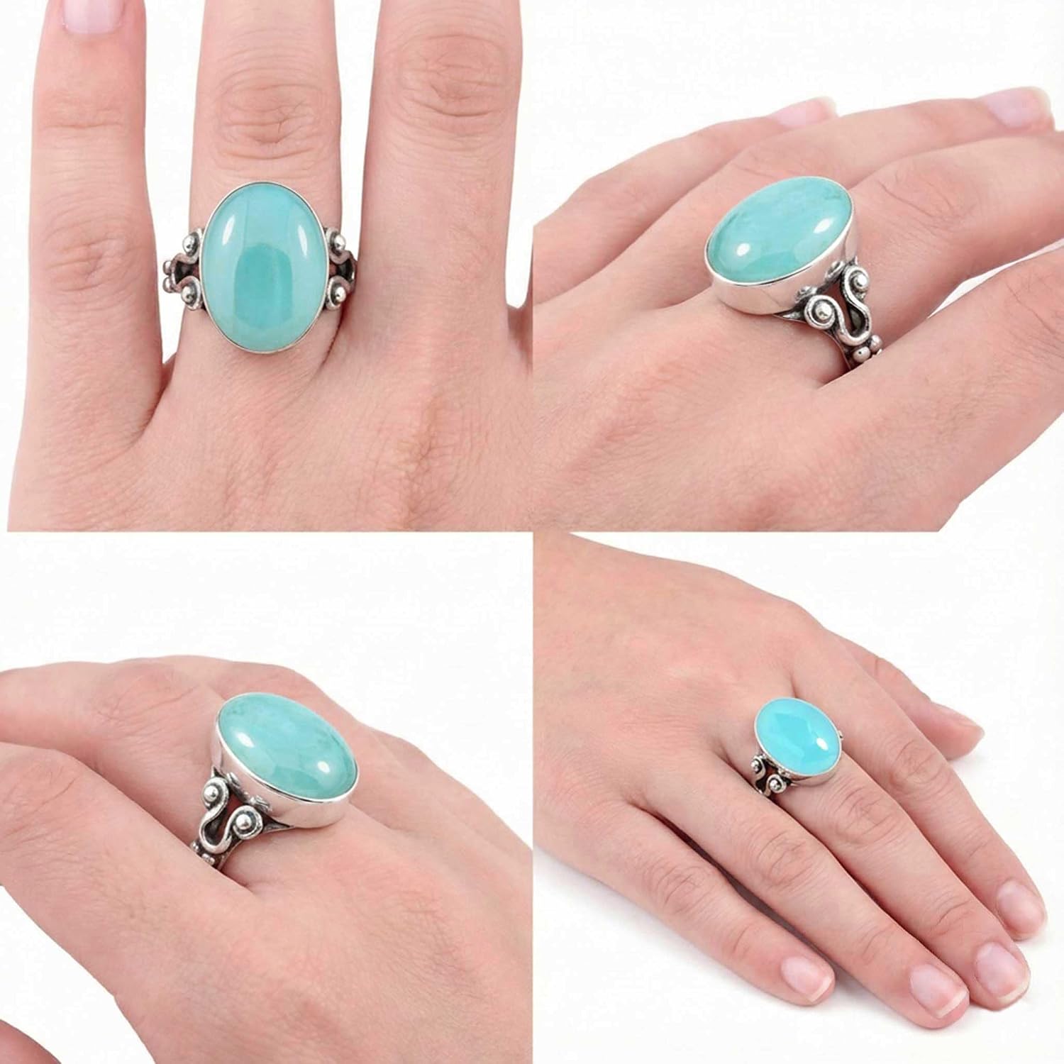 JEWELOPORIUM 925 Sterling Silver Plated Handmade Jewelry Oval Labradorite, Rose Quartz, Carnelian, Turquoise Chunky Natural Gemstone Boho Ring For Women