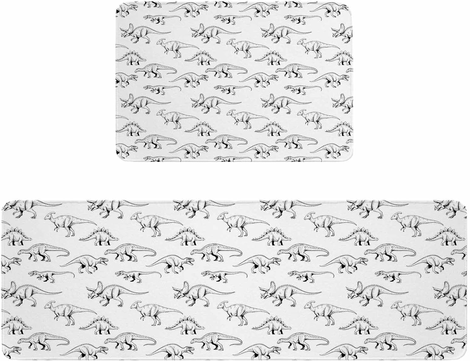 Vintage Dinosaur Kitchen Rugs and Mats Set of 2, Non-Slip Kitchen Sink Mat, Primitive Animals Wildlife Hand-painting Beige Washable Doormat Bathroom Rugs Runner for Bedroom 17.7"x30"+17.7"x59"