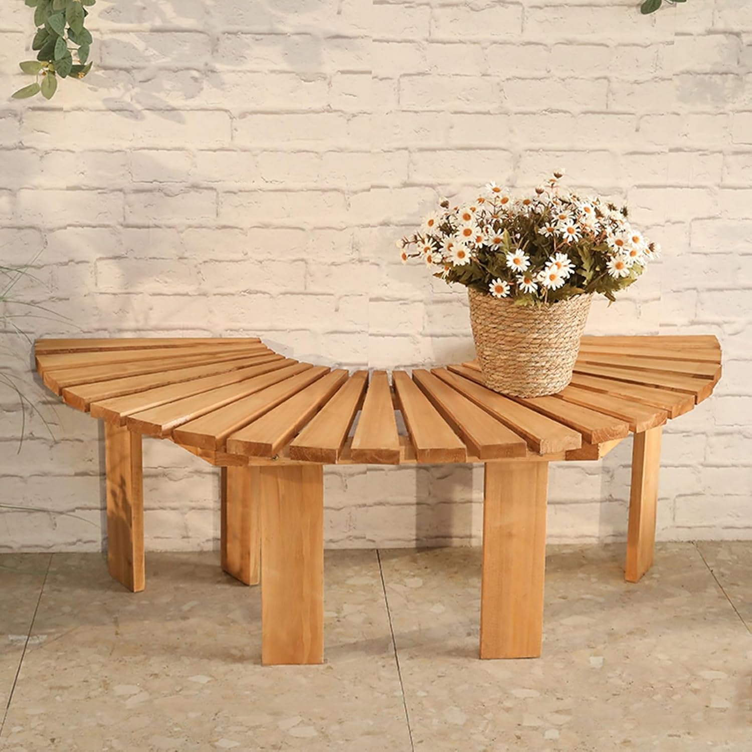 Semi Circle Solid Wooden Bench Seat, Outdoor Garden Bench, Weather-Resistant Backless Park Bench Tree Bench Seat, Wood Outdoor Furniture Decoration, for Patio, Garden, Lawn(Natural)