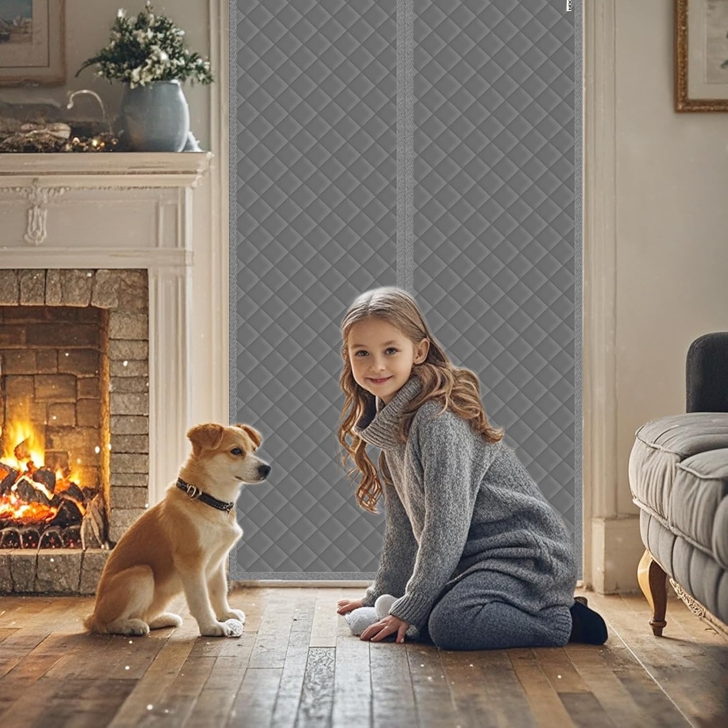 Magnetic Thermal Insulated Door Curtain Fit Door Size 30" x 80", Quilted Oxford Fabric Thicken Cotton Fill, Winter Cover Keep Cold Draft Out, Blanket Insulation for Front Patio Doors Gray