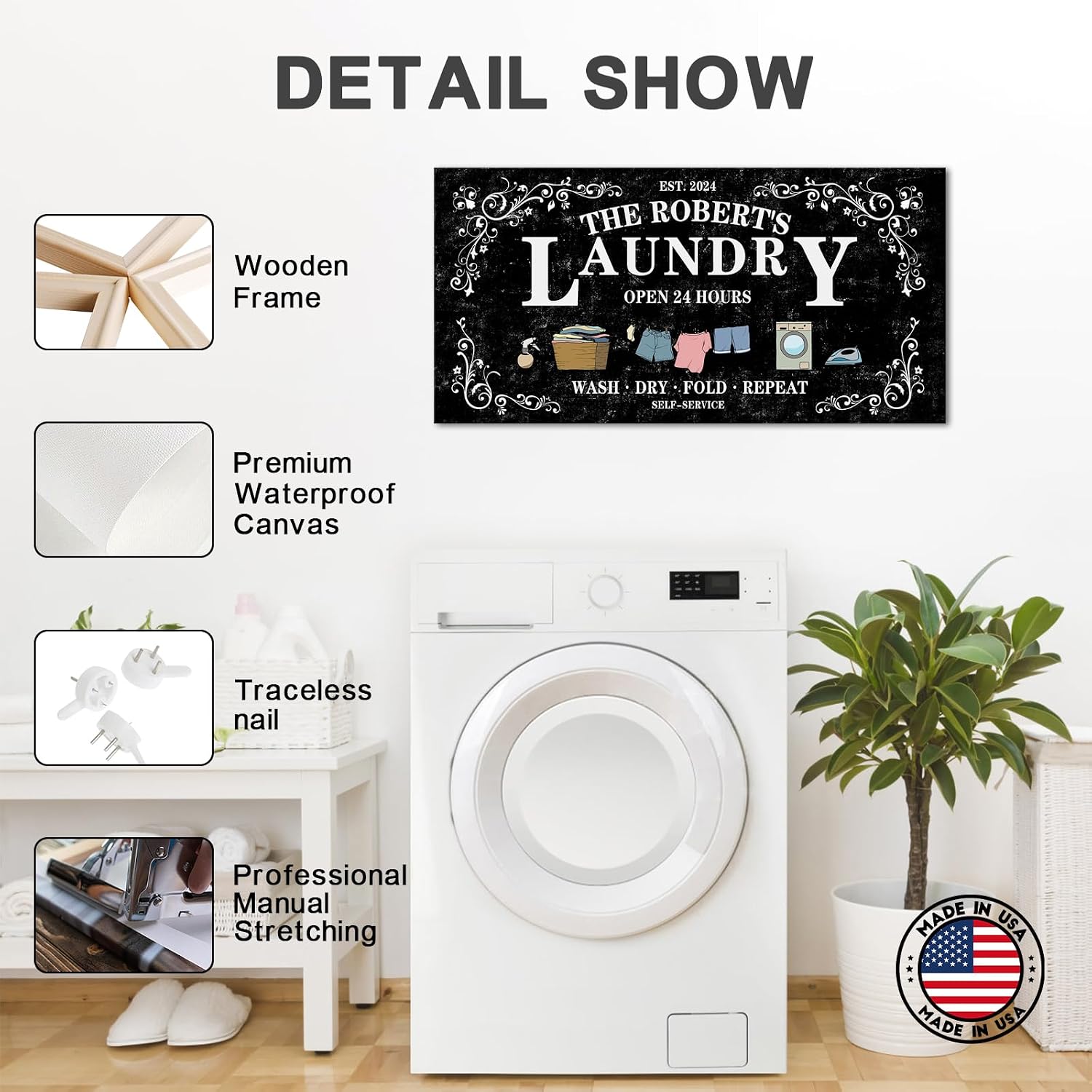 iLOOKLiKE Personalized Laundry Sign Wall Art Decor for Laundry Room Rustic Customize Family Name Canvas Prints Open 24 Hours Artwork Wash Dry Fold Repeat Signs Accessories for Farmhouse Decoration