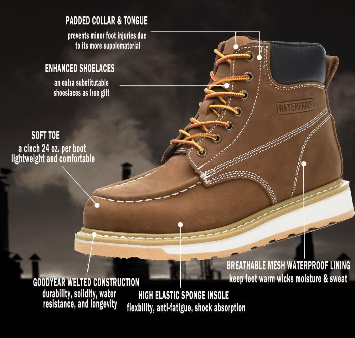 Work Boots for Men, 6" Soft Toe Wedge Sole Waterproof Safety Boots, Comfortable Construction Work Safety Shoes - Image 5