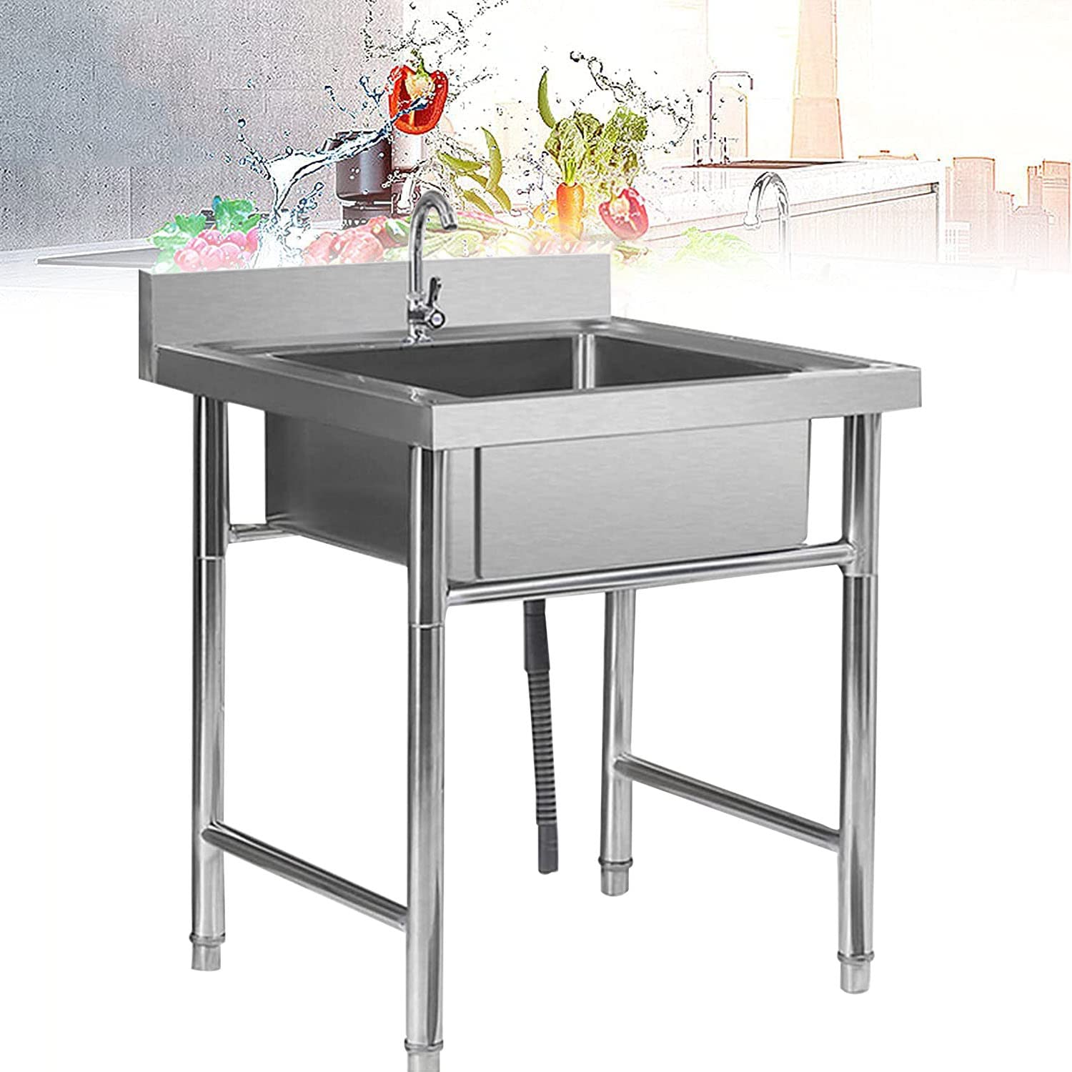 TAXXII Freestanding Stainless Steel Double Basin Outdoor Sink, Commercial Kitchen Prep Utility with Faucet, for Kitchen, Restaurant,