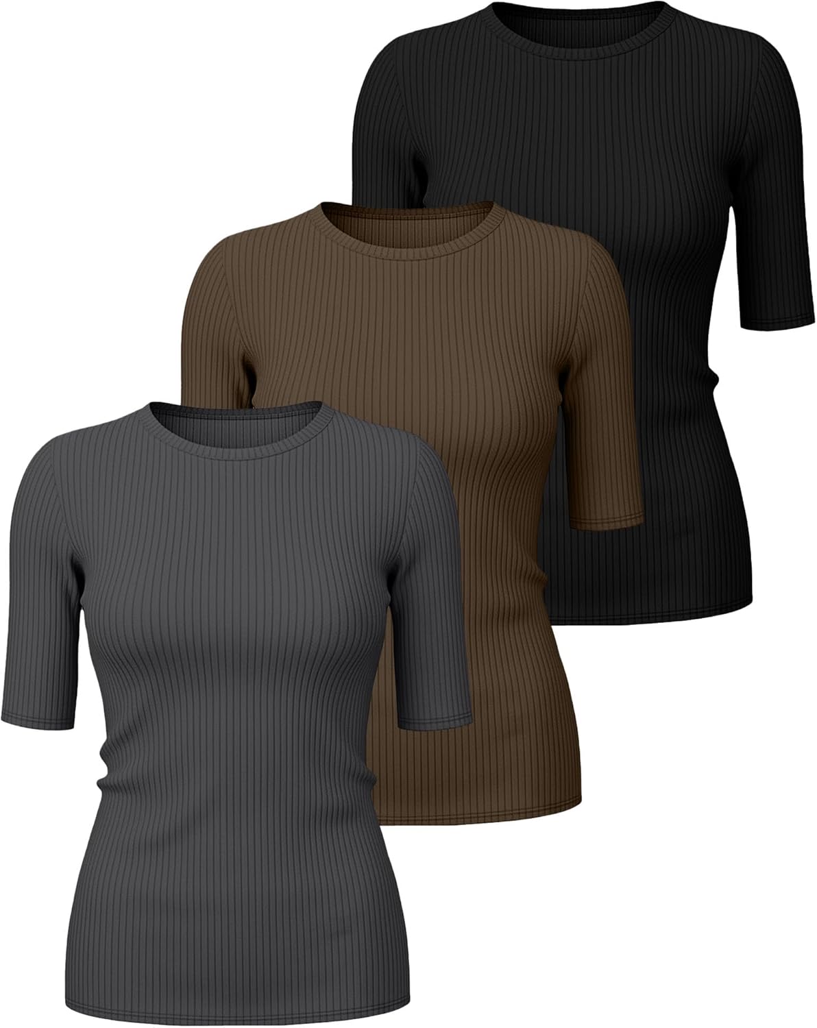 Riyiper 3 Pack Women's Half Sleeve Tops, Elbow Length Ribbed Cotton T Shirt Crew Neck Summer Tee Slim Fit Casual Blouses - Image 3