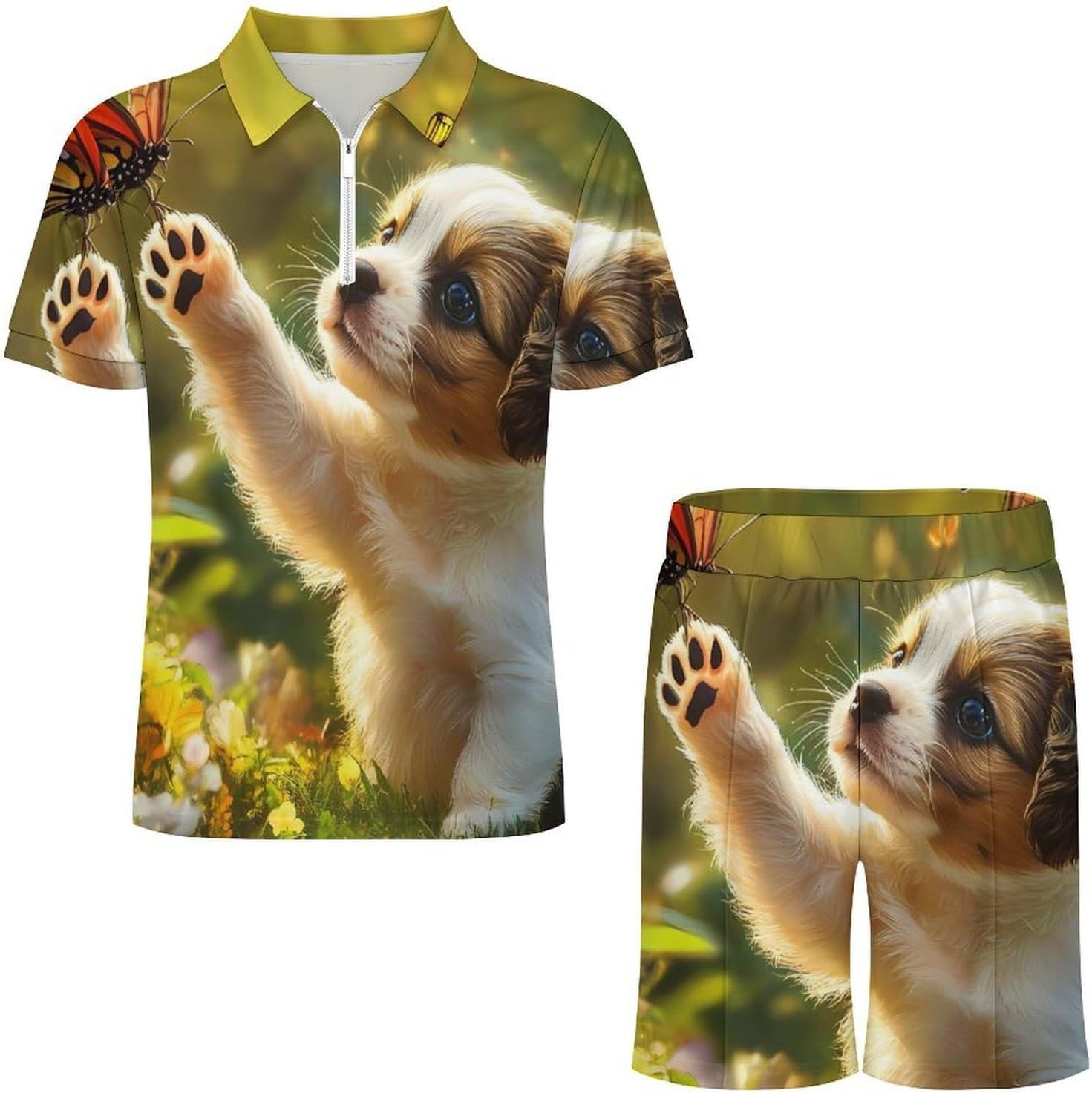 Puppy Butterfly Mens Polo Shirts Track Suits 2 Piece Short Sleeve Sweatsuit 1/4 Zip Golf Loungewear for Sports