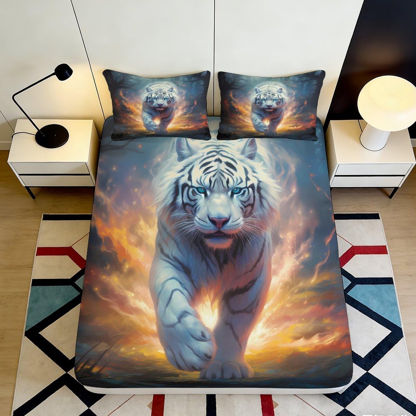 Jqzkxnhpbr Style-1 3D Printed White Tiger Fitted Sheet Microfiber Soft Breathable Fire Sunset Bed Cover For Bedroom Dorm Mattress Decor 90X200x25cm