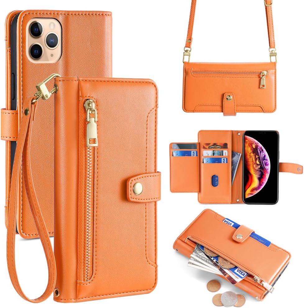 Wallet Case for Huawei Mate 70 Flip Phone Case with Crossbody Strap Magnetic Handbag Zipper Pocket PU Leather Shockproof with Kickstand Phone Shell Orange
