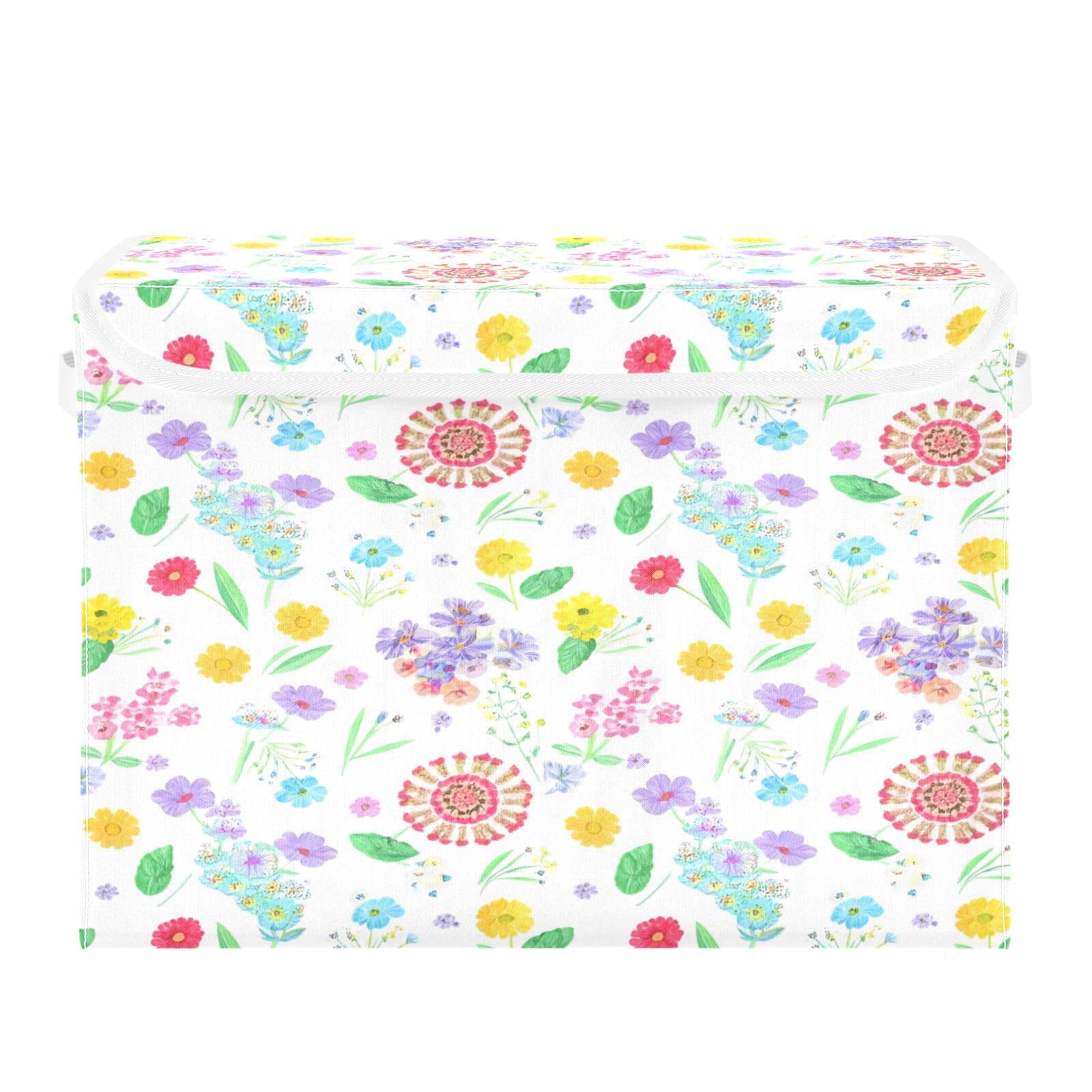 Ewusp Flowers Fabric Storage Bin with Lid, Decorative Foldable Storage Basket with Handles, Stackable Closet Shelf Organiser Box for Clothes, Books, Bedroom, Living Room