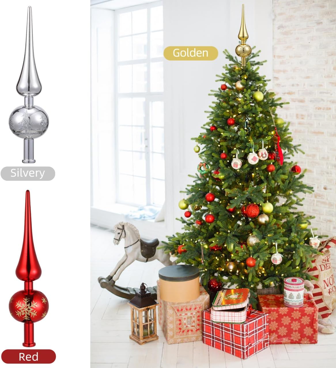 3 Pcs Christmas Tree Topper - 9 Inch Vintage Finial Plastic Finial Tree Topper - Mid Century Metallic Treee Ornament Decorative for Home Xmas Holiday Party Decorations - Image 3