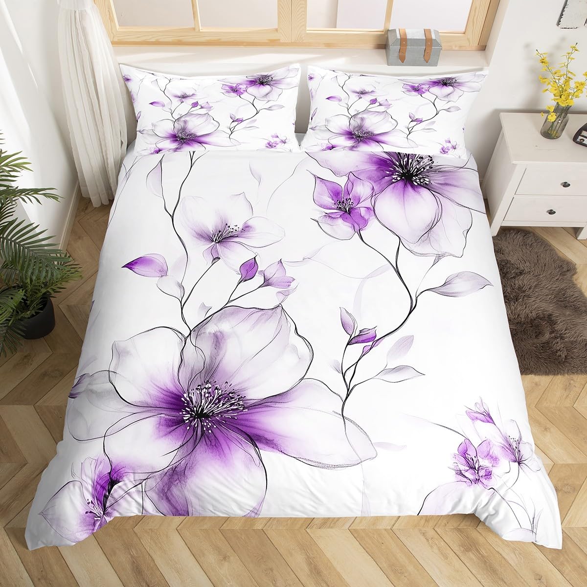 Housse de Couette 220x240 Fleur Violette Infroissable - Fini le Linge de Lit Terne et Rêche