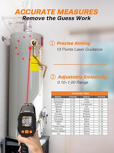 Miniatura 2 de Mecurate Pistola de termómetro infrarrojo de -58 F a 1112 F, pistola de temperatura láser con emisividad ajustable, máximominretención para cocinar,