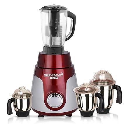 Sunmeet Red Silver Color 1000Watts Mixer Juicer Grinder with 4 Jar (1 Juicer Jar with Filter, 1 Large Jar, 1 Medium Jar and 1 Chutney Jar) MGF20-SUN-810