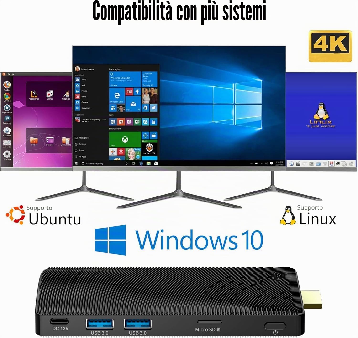 Mini PC Stick Win 10 Celeron J3455 4GB 64GB eMMC senza ventole Gigabit LAN 4K Video 1080P USB 3.0 per ufficio casa Digital Signage Network