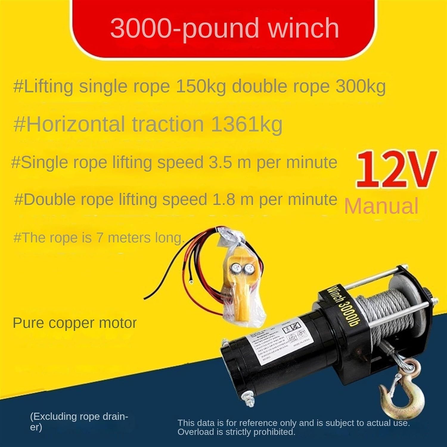 Vehicle-Mounted Crane Hoist for Trucks, 12V 24V Compatible, Compact and Powerful Lifting Solution for Heavy Loads (Winch 12v 3000lbs Manual)