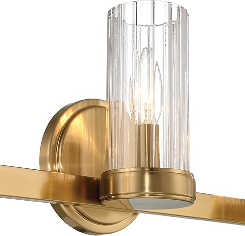 Miniatura 12 de Robert Stevenson Lighting Izzy - Lámpara de tocador de 3 luces de metal y vidrio transparente acanalado, oro cepillado