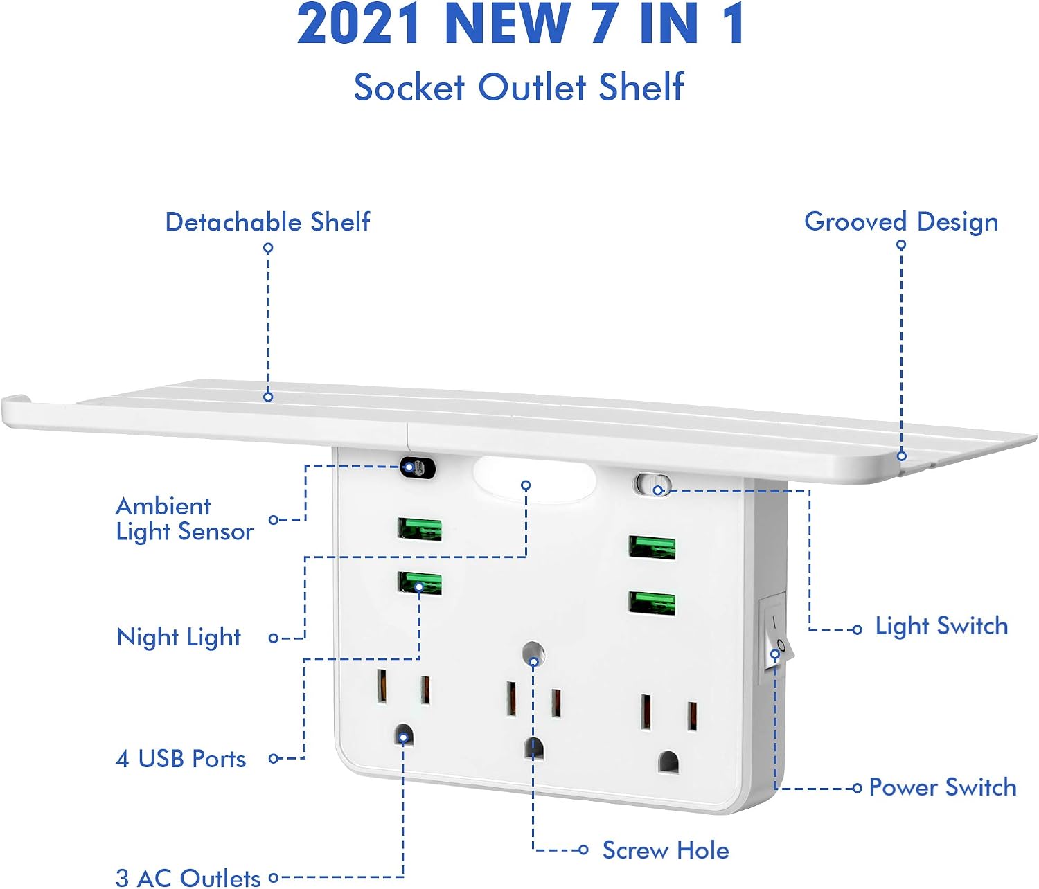 Socket Outlet Shelf, Wall Outlet Extender with Removable Shelf, Built-in Surge Protector & Night Light, Multi Plug Electric Outlet Extender with 4 USB Charging Ports & 3 AC Outlets
