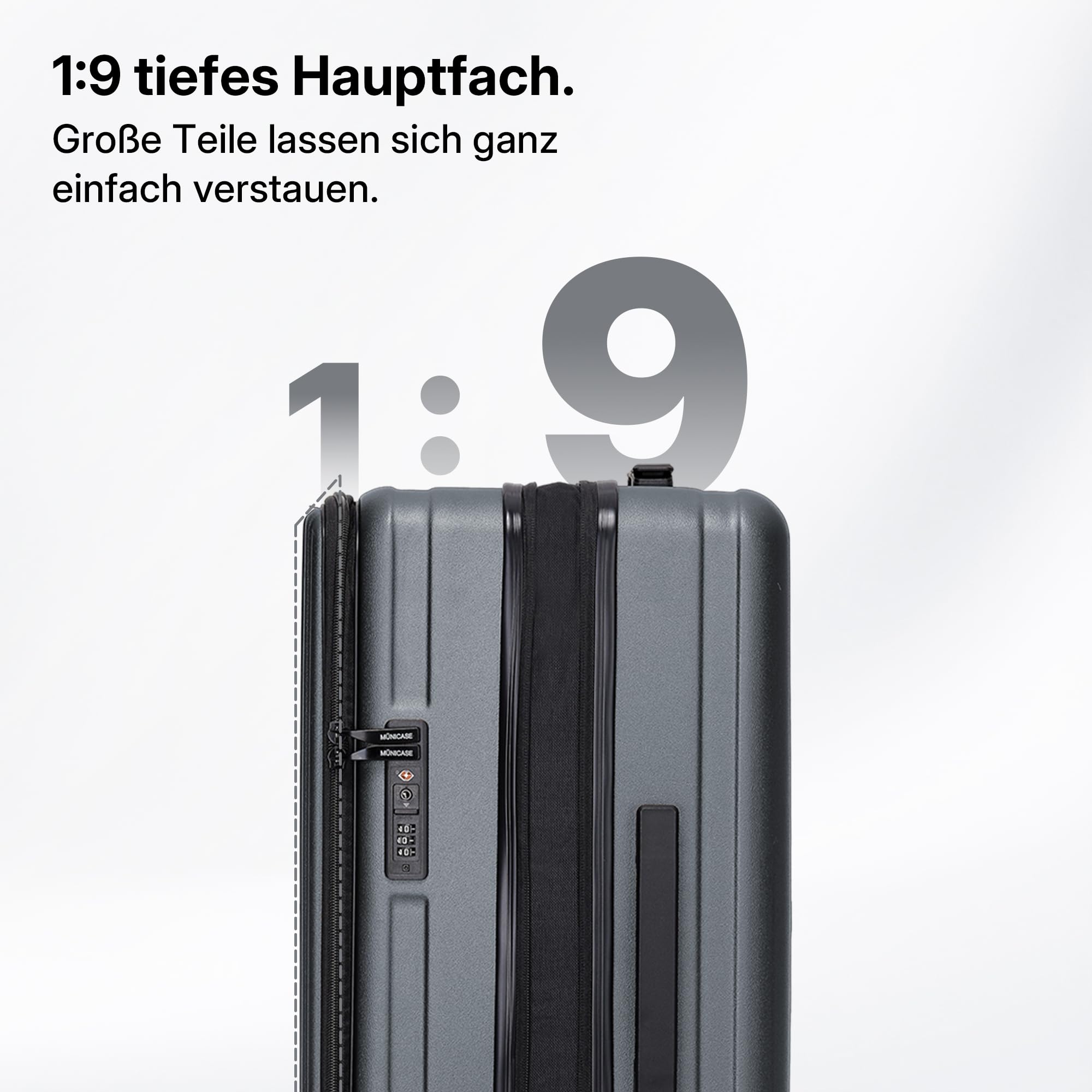 Münicase Handgepäck Koffer M 50 cm mit Laptopfach, Businessgrey | Oberseiten-Zugriff, Erweiterbar, Kompressionsgurt, Kratzfest, Leichtgewicht, Außenmaße 50 x 35 x 23 cm