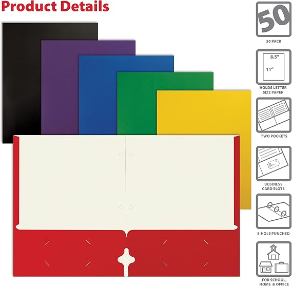 Better Office Products 2 pocket paper folder, letter size paper portfolio case, 50 pieces, various primary colors