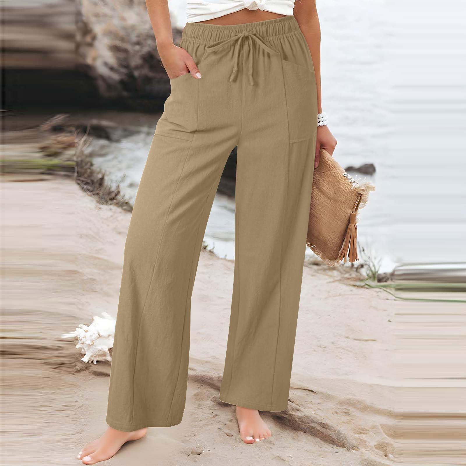 Pantalon Lin Femme été Coton Et Lin Baggy Confortable Pantalons Mode Fluide Ample Jambe Droite Taille Haute Elastique Pantalon D'été avec Cordon De Serrage Et Poches Coupe Décontractée