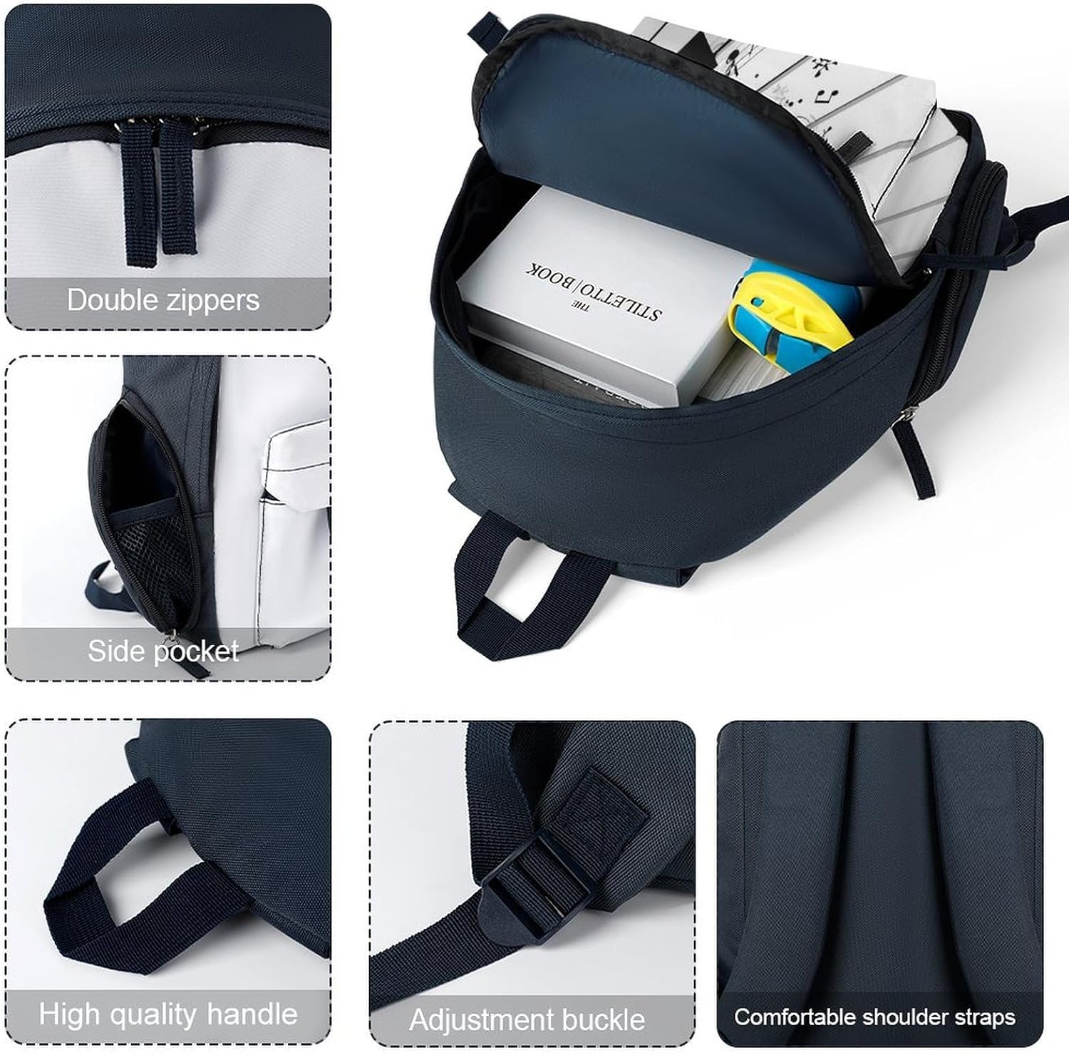Piano Keys Music Note Cute Backpack Print Travel Daypack Blue image 5