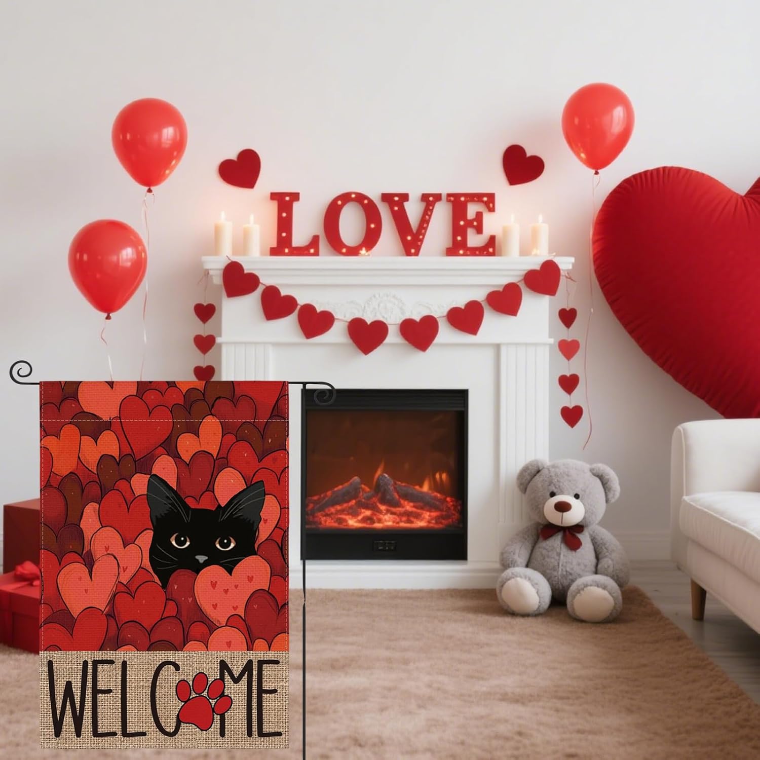 Valentines Day Garden Flag, Black Cat Garden Flag, 12x18 Inch Red Heart Love Double Sided Outside Welcome Me Yard Outdoor Flags - Image 5