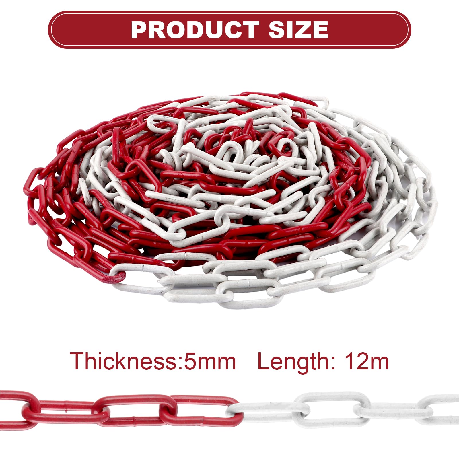 CYEER Catena in metallo rosso e bianco, 12 m, robusta catena in acciaio da 5 mm, resistente alle intemperie, catena a maglie massicce per parcheggi, cantieri e locali industriali, alta visibilità