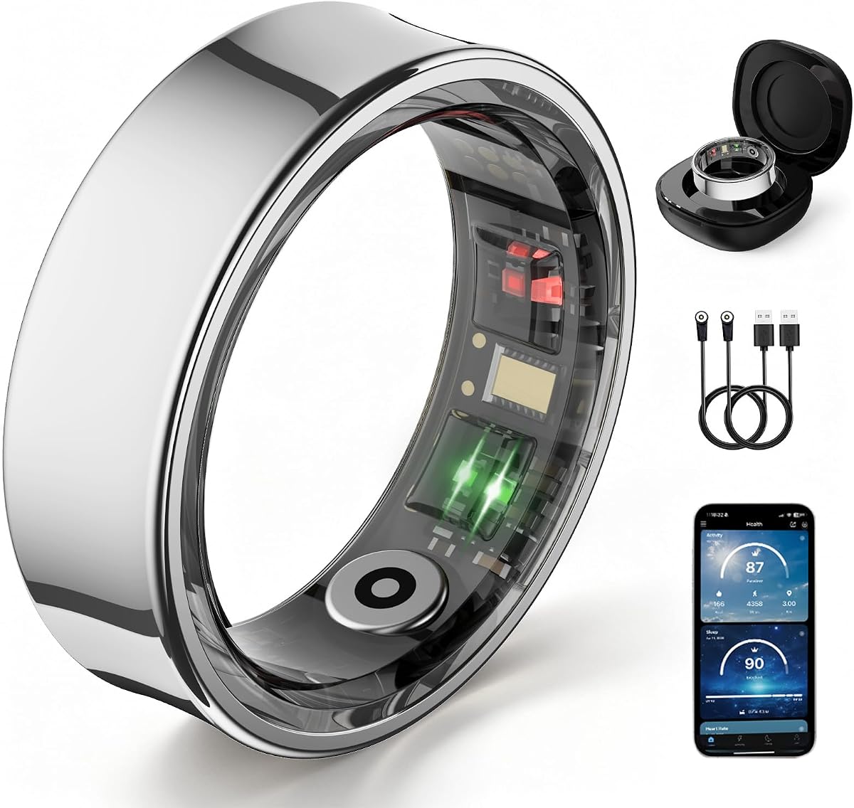 Smart Ring Men Women, Sleep Monitor&Skin Temperature(Silver, 7) | No Subscription Smart Ring with 5ATM Waterproof, Screen-Free Comfort, QRing App, Gesture Control, Cycle Tracking