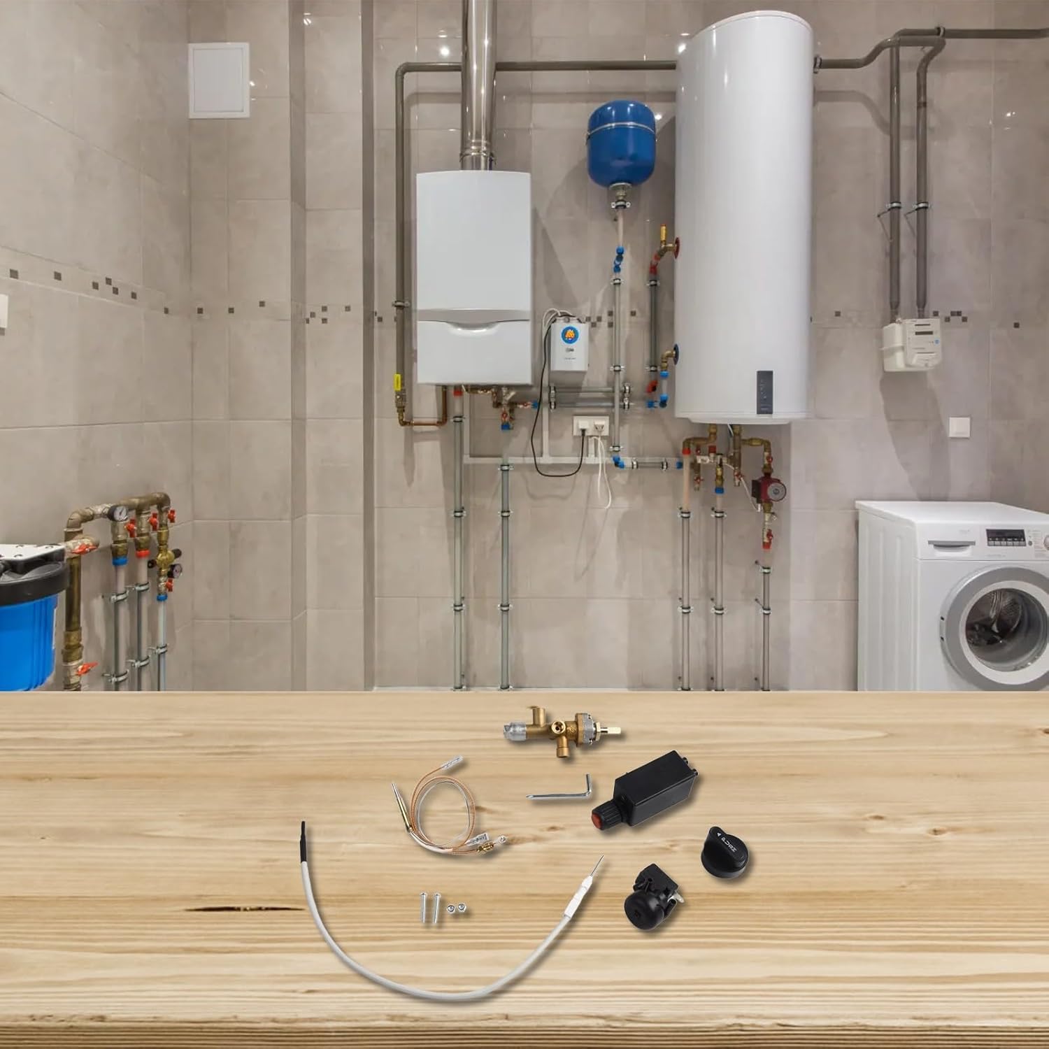 Patio Gas Heater Replacement Kit with Safety Control Valve Tipping Switch Thermocouple Pulse Igniter Leak-Free Brass Connectors for Outdoor Garden Furniture