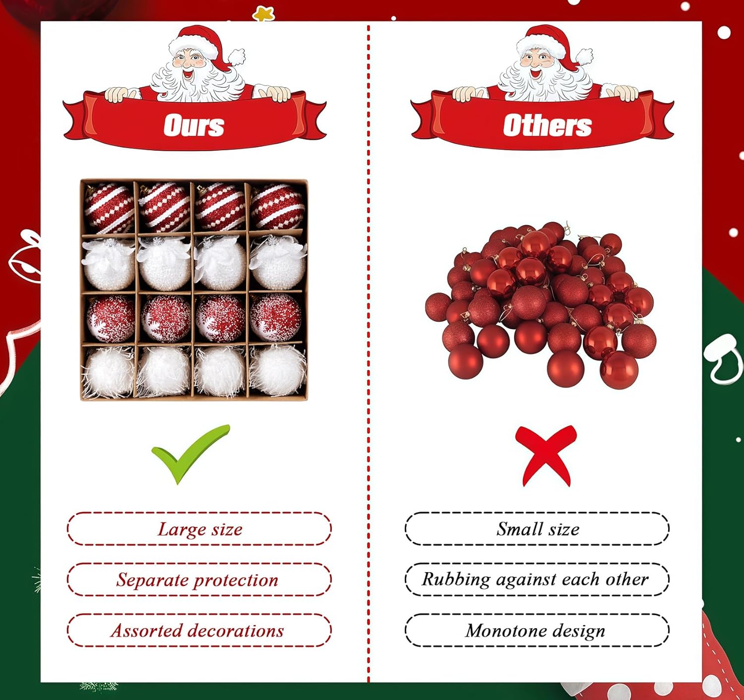 2.36" Christmas Tree Ball Ornaments, 16pcs Red & White Glittering Foam Shatterproof Hanging Christmas Ball Ornaments for Xmas Tree New Year Birthday Home Party Decorations - Image 3