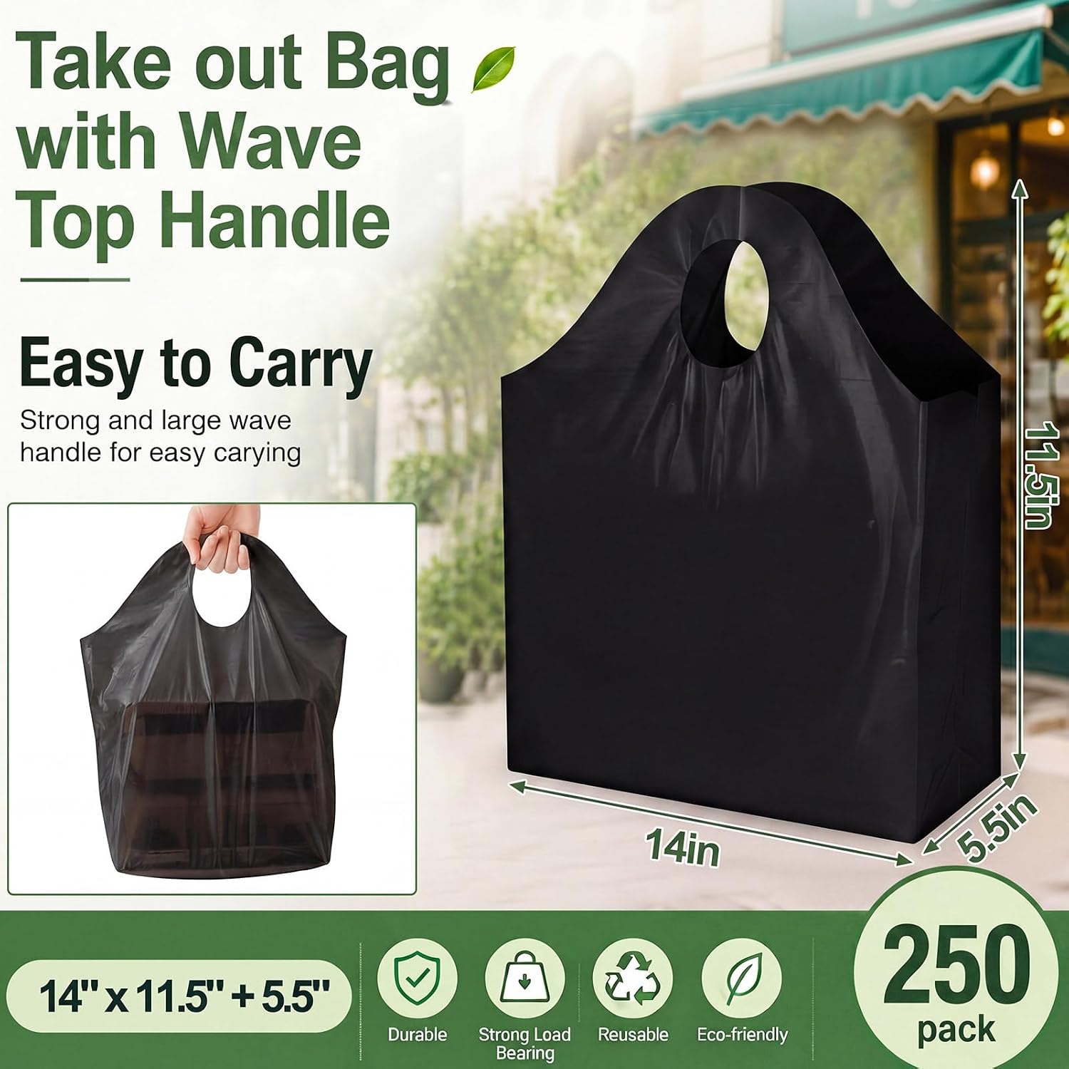 Marspark 250 Pack Heavy Duty Black Plastic Takeout Bags with Wave Top Handles, 14" x 11.5" + 5.5" Bg Reusable Merchandise Bags, 1.2 Mil Thick, Leak-proof Shopping Box Carryout for Restaurant & Retail