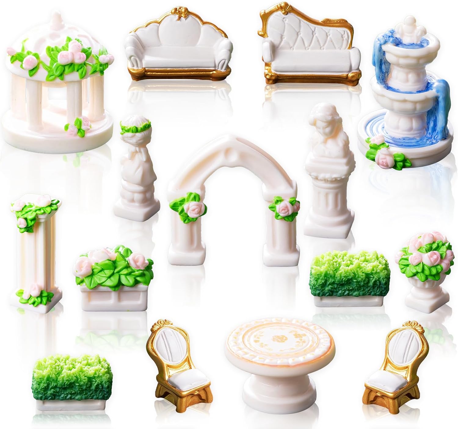 Exasinine 15 Pcs Mini Garden Furniture Ornaments, Micro Resin Patio Set with Table Chair Bench Arch Fountain Statues for DIY Fairy Garden and Home Micro Landscape Decor