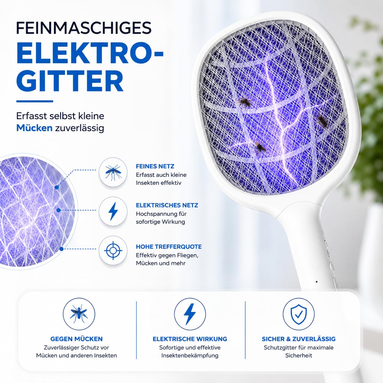 Elektrische Fliegenklatsche – Effektiver Insekten- & Mückenfänger für Fliegen, Mücken, Insekten - mit USB C Ladestecker & Halterung Wiederaufladbar (XXL Fliegenklatsche 45 cm weiß mit Ständer - USB C)