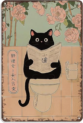 Cartel de metal divertido con diseño de gato negro japonés en el inodoro, 8 x 12 pulgadas, decoración de baño de aluminio vintage, póster retro de