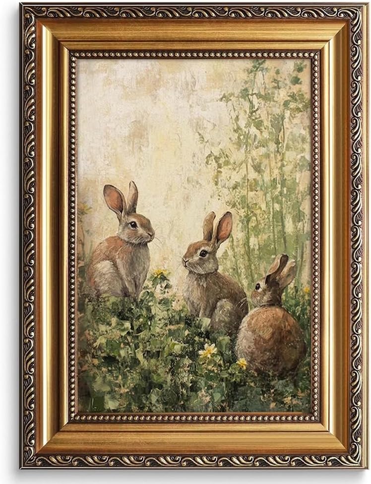Vintage Bunny Wall Art Muted Rabbits in Spring Print Bunny Rabbit Nursery Wall Art Rustic Spring Nursery Wall Decor for Toddler Baby Girls Kids Room Playroom with Vintage Ornate Gold Frame 12"x16"