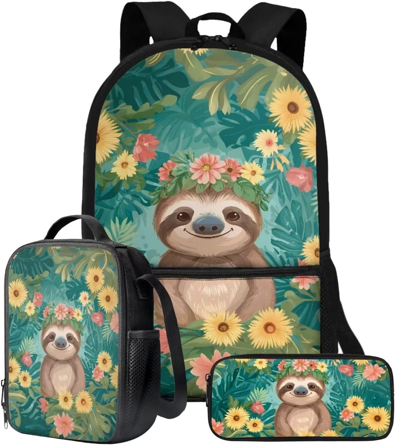 Xoenoiee Sloth Vintage Floral Leaf Pattern 3Pcs Bookbag+Lunch Box+Pencil Bag for Students 17in Large School Bag Backpack Set for Boys Girls Back To School