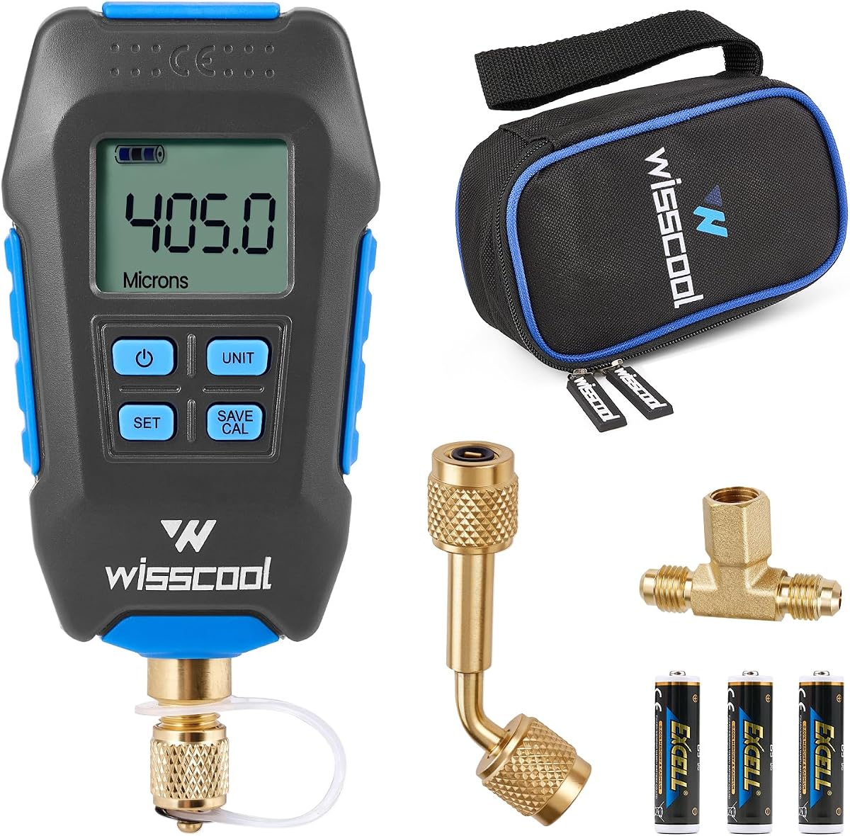 Medidor de vacío de micras digital, medidor de presión digital HVAC | Pantalla LCD, aviso de alarma, compensación de temperatura, 7/16 pulgadas-20 UNF, conector de extensión SAE de 1/4"-azul (4 unidades)
