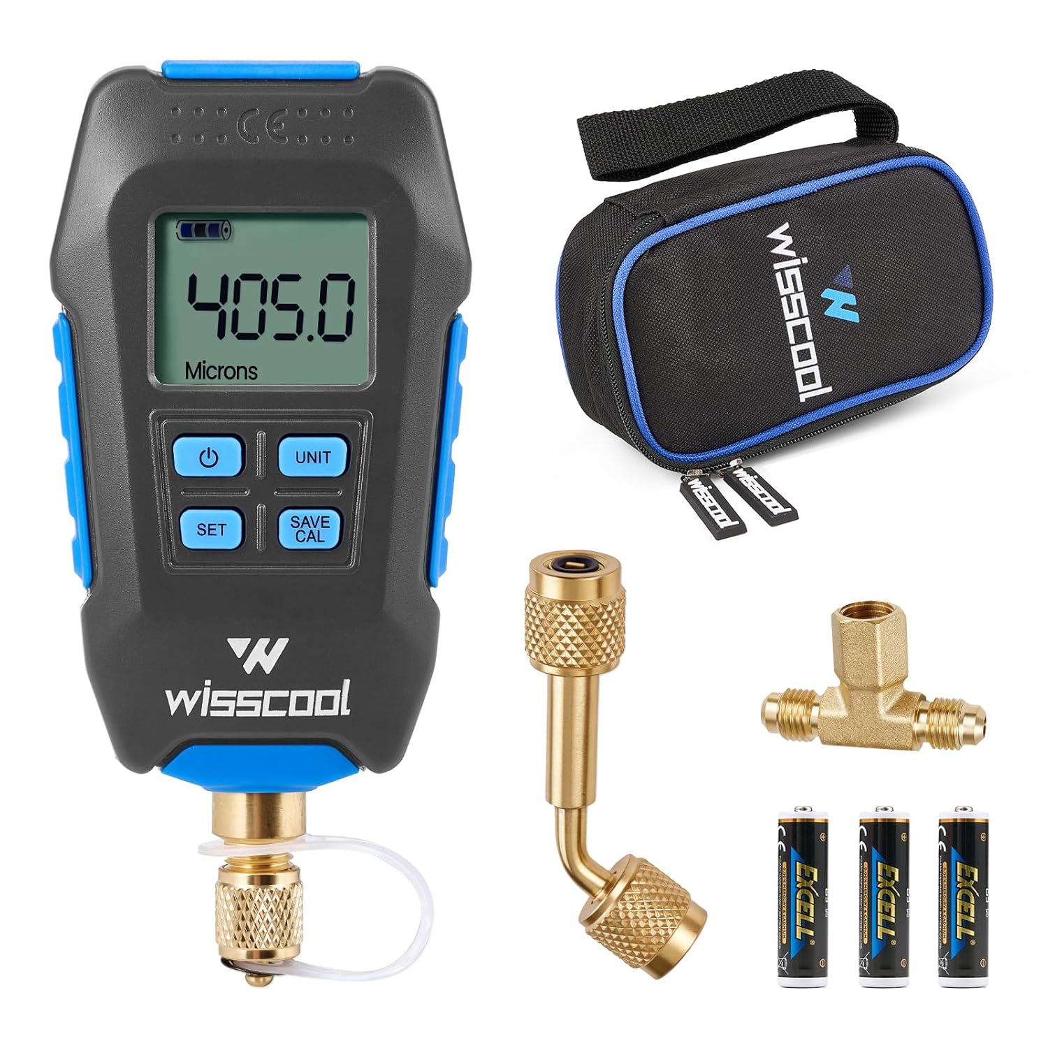 WISSCOOL Digital Micron Vacuum Gauge, Digital Pressure Tester Meter HVAC, LCD Display, Alarm Notice, Temp Compensation, 7/16 inch-20 UNF, 1/4 inch SAE Extension Connector Fitting-Blue(4 Units)