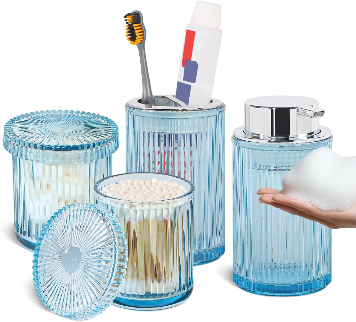 Blue Glass Bathroom Accessories Set, 4pcs Bathroom Accessory Set, Foaming Soap Dispenser,Toothbrush Holder and 2pcs Qtip Holder with Lid, Bathroom Modern Ribbed Jars Organizer for Decor