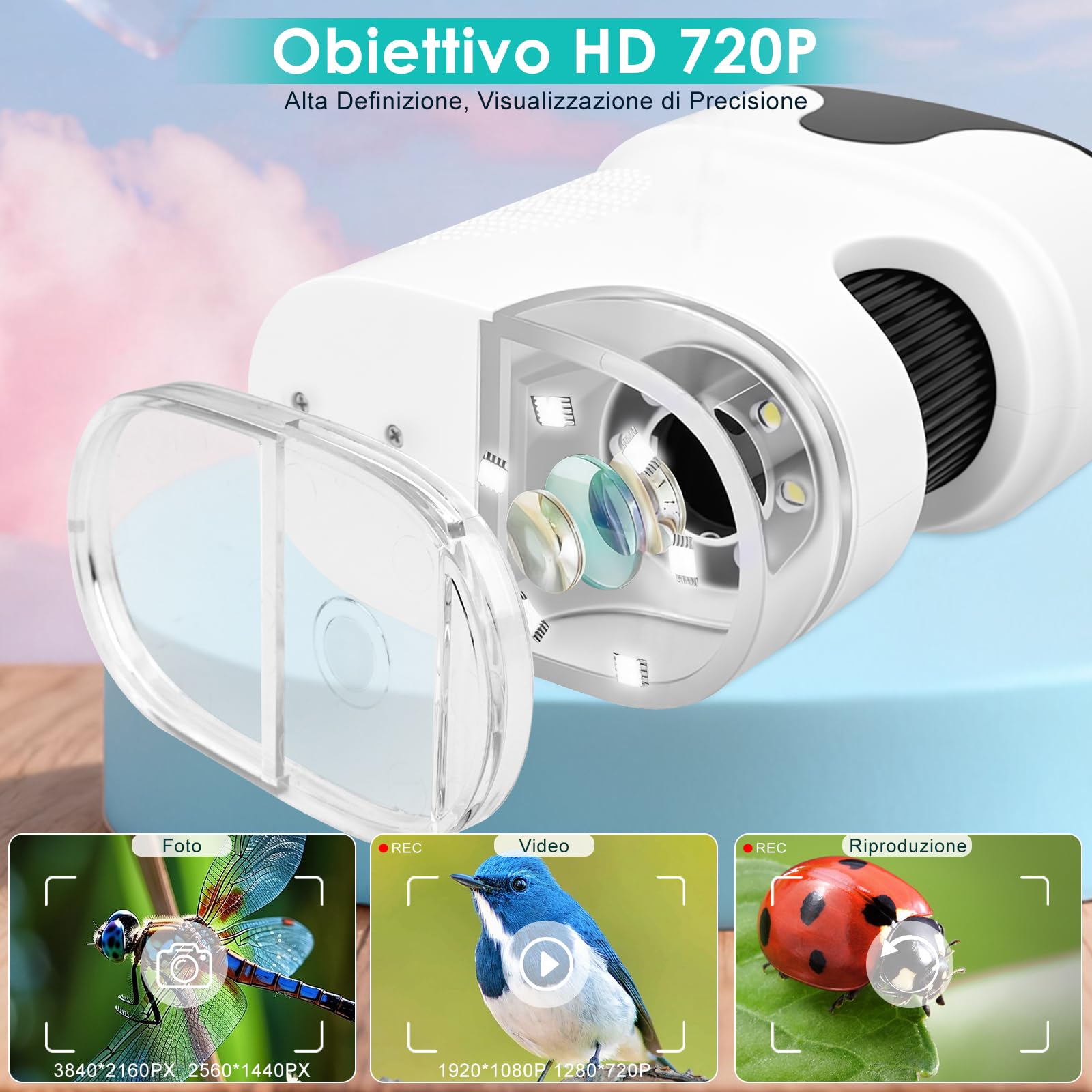Microscopio Bambini Portatile,1000X Microscopio Digitale,con 2.0" IPS Pollici ＆ 8 LED Luce,USB Ricaricabile,per Casa e Esterni, Regalo di Natale per Bambini 3-12 Anni