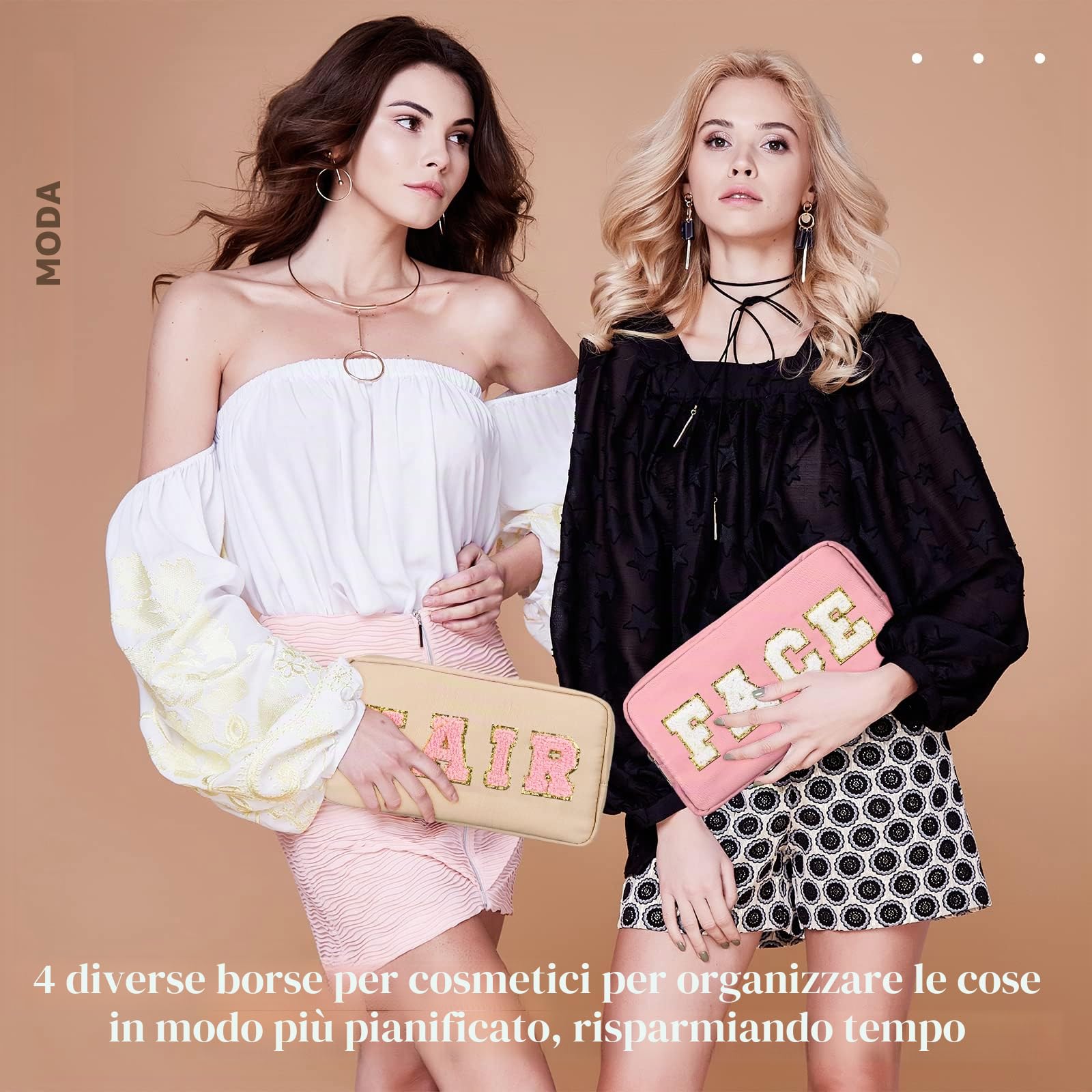 4 sacchetti per trucco preppy in ciniglia, con lettere, in nylon, con cerniera, per articoli da toeletta da viaggio, da donna