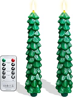 9.5Inches Real Wax Flameless Christmas Tree Taper Candles with Remote Timer, 2Pcs Battery Operated Taper Candles with 3D Wick Warm White Flickering Lights, LED Candlesticks for Xmas Home Décor