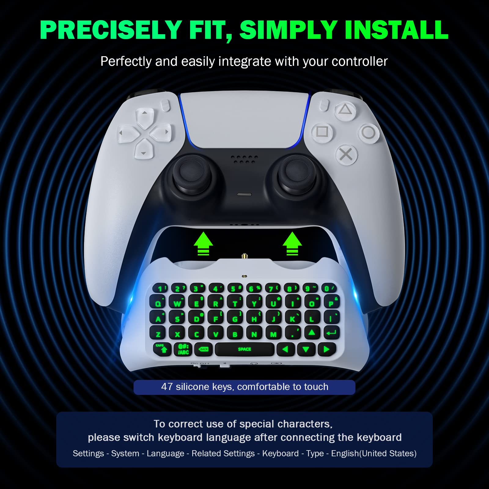 MoKo Controller Tastatur Chatpad für PS5, Kabellose Bluetooth Tastatur mit Grüner Hintergrundbeleuchtung & 3,5 mm Audioanschluss, Kompatibel mit PlayStation 5 Controller für Multiplayer Gaming Chat