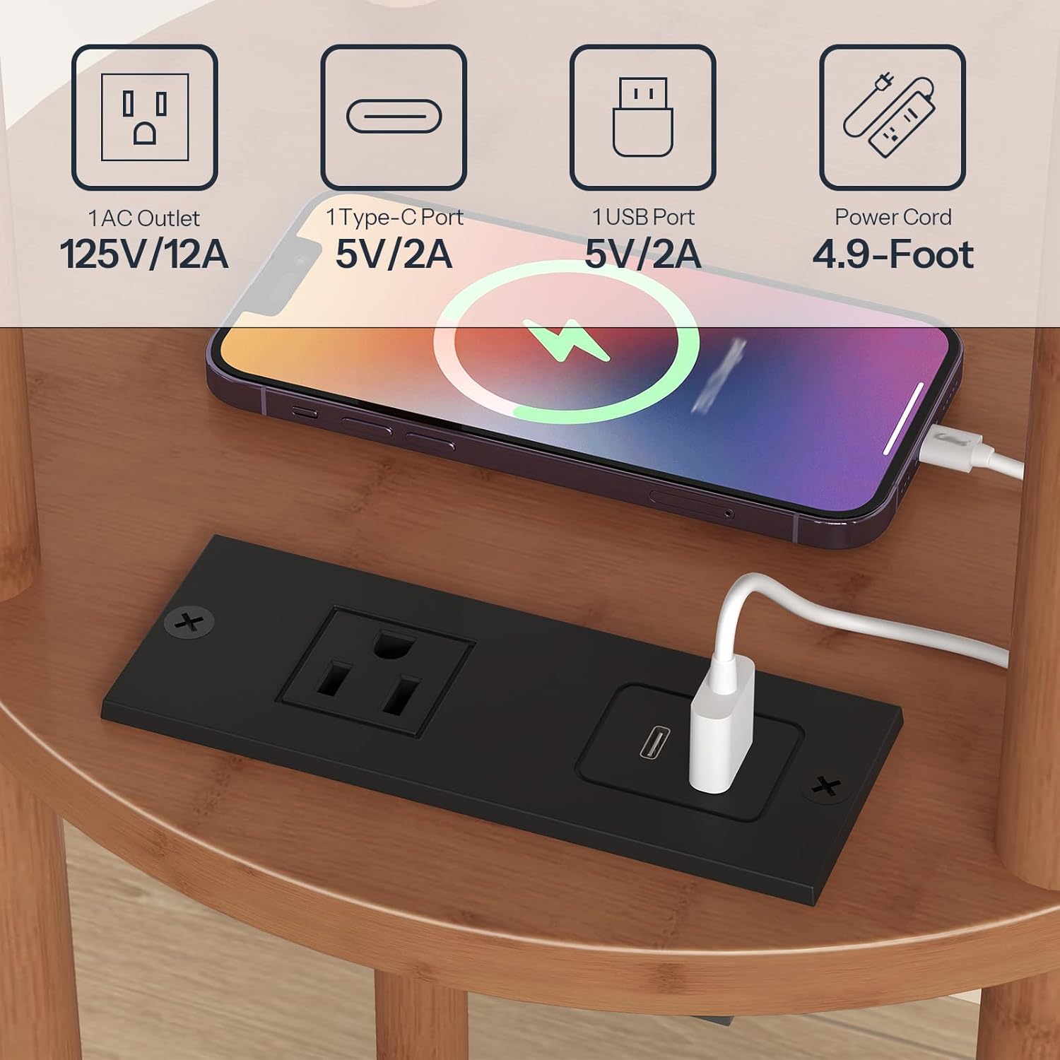 HOOBRO Set of 2 Small Round Side Tables with Charging Station, 3-Tier Round Bamboo End Tables, Easy Assembly, for Living Room, Bedroom, Apartment, Walnut WL152UBZP201