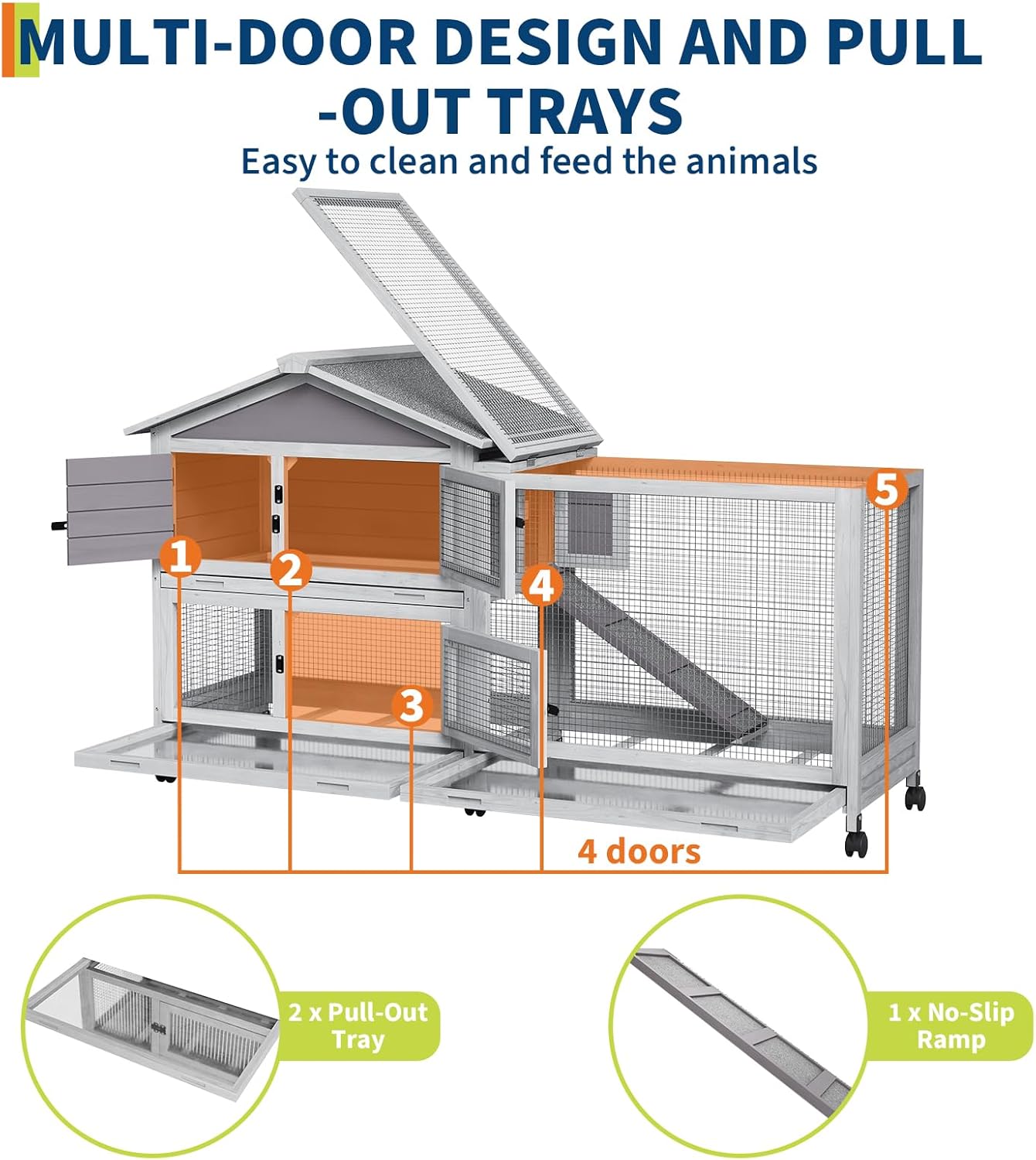 Bunny Cage with Weatherproof Roof, Rabbit Cage with 6 Lockable Caster Wheels & Pull-Out Tray, Rabbit Hutch for Indoor Outdoor Use, Grey（63.2" l x 22.4" w x 37"）