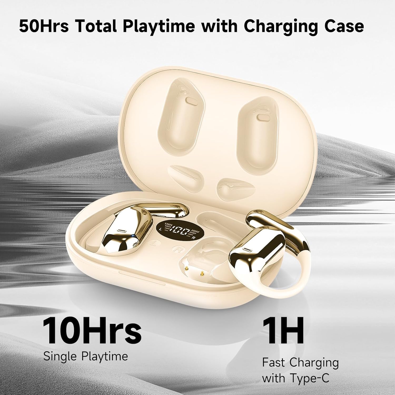 Open Ear Clip Wireless Earbuds Bone Conduction Headphones, Bluetooth 5.4, Open Ear Design, Built-in Mic, IPX7 Waterproof, LED Display Charging Case,Ear Hooks Ear Buds,Design for Running Fitness