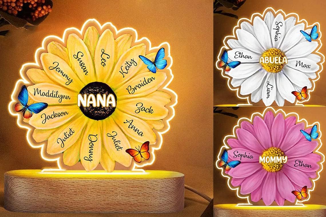 Lovely POD Personalized Grandma Grandpa Lamp Night Light, Custom Mom Dad Gifts, Light Up Birth Flowers Print Grandma's Garden Birth Month Watercolor Birthday Gift