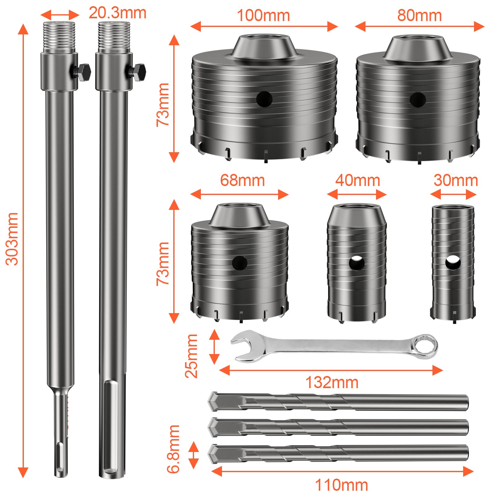 WinGluge Set di Trapano a Testa Cava 30 40 68 80 100 mm, Fresa a Tazza Carotatrice Con Adattatore SDS, per Calcestruzzo, Muratura e Cemento