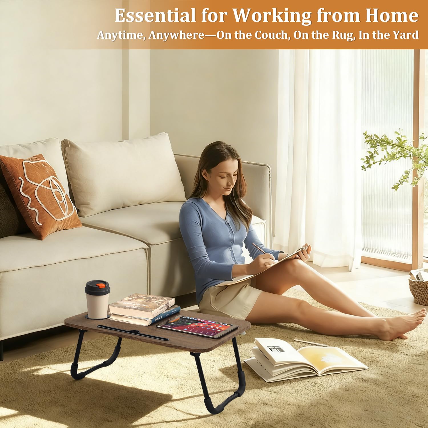 Escritorio plegable de madera portátil con soporte para tazas y ranura para tableta, escritorio plegable para laptop, sofá, escritorio de suelo para leer, escribir, comer, ver películas, marrón