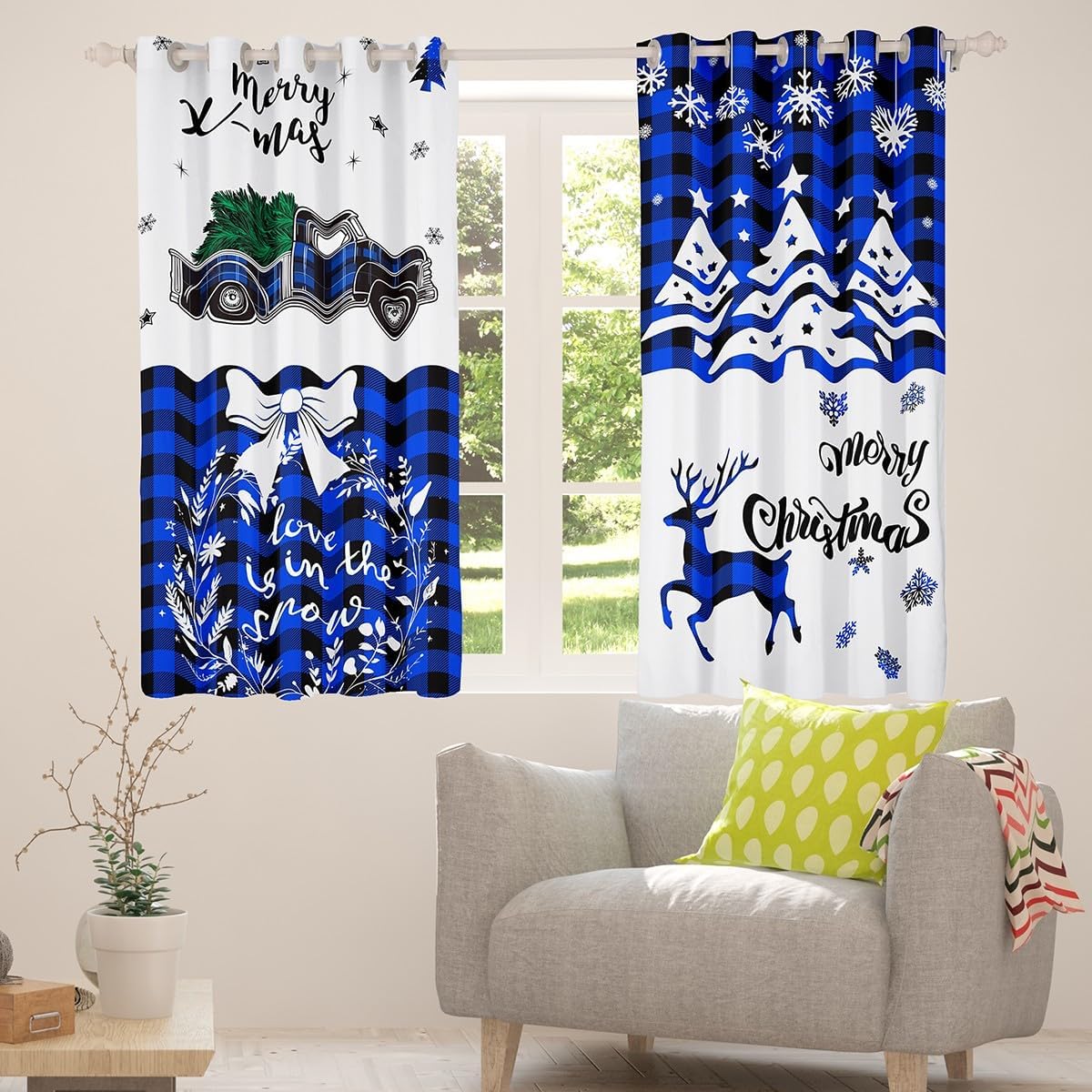 Merry Christmas Blackout Curtains Blue Buffalo Checked Rustic Truck Curtains & Drapes for Kids Child,Grid Plaid Lattice Car Christmas Tree Curtains 84"X90",Xmas Elk Deer Snowflake Christmas Decor
